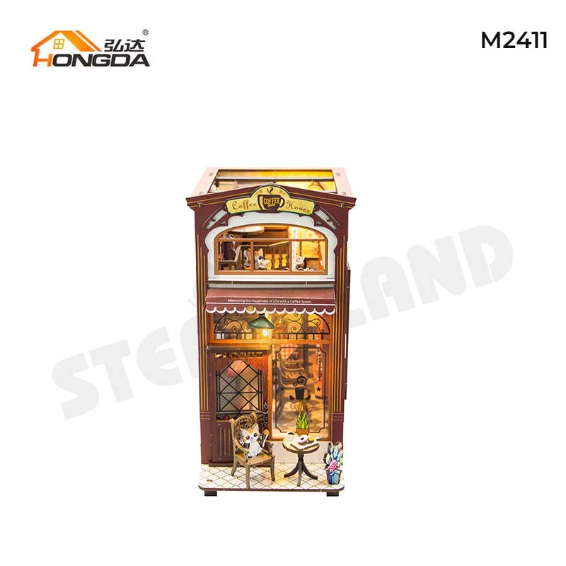 Bộ đồ chơi sáng tạo DIY mô hình thu nhỏ trưng bày kệ sách có đèn Tiệm café Phố Wall HONGDA-M2411